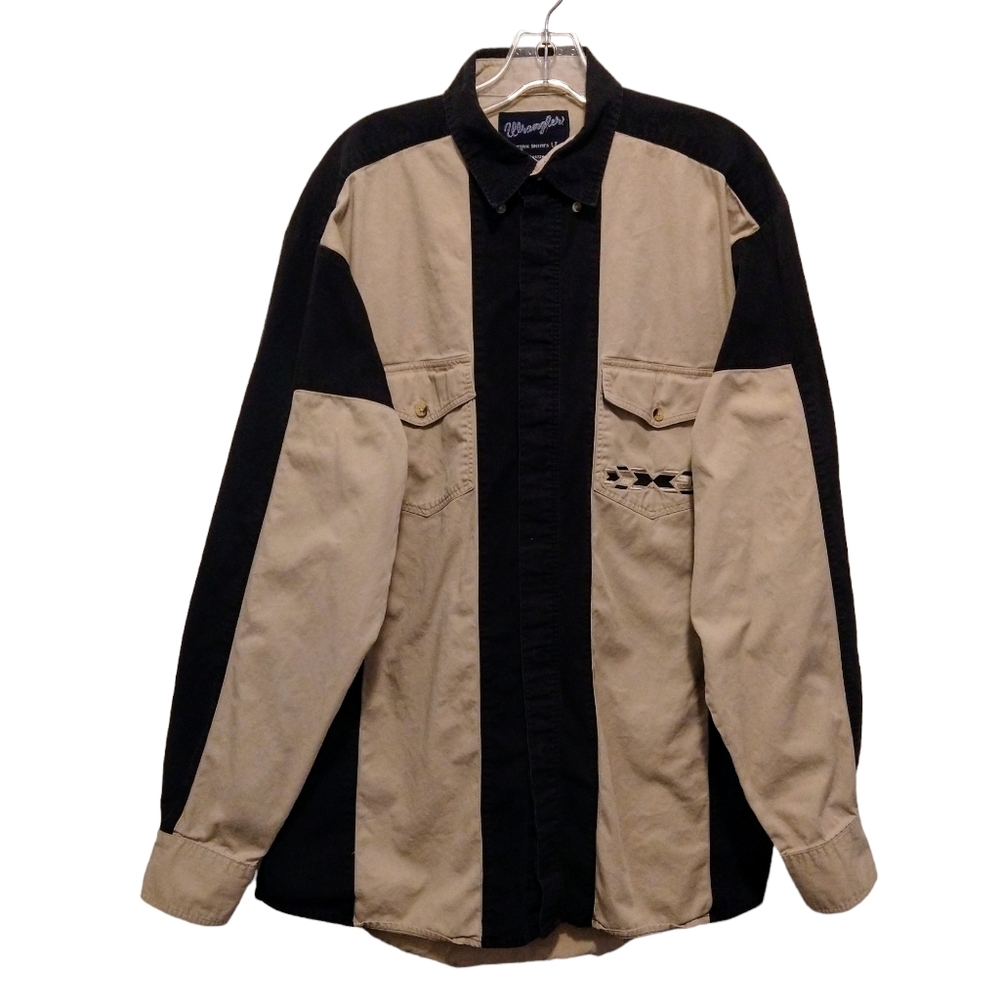 Vtg. Size L Wrangler L/Sleeve Tan & Black Color Block Aztec Western Shirt